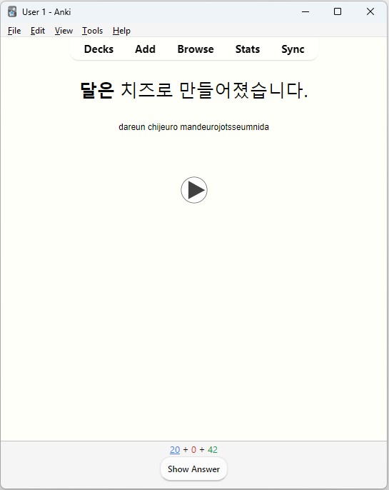 Anki Anki card for Korean vocabulary. The front of the card is being shown.